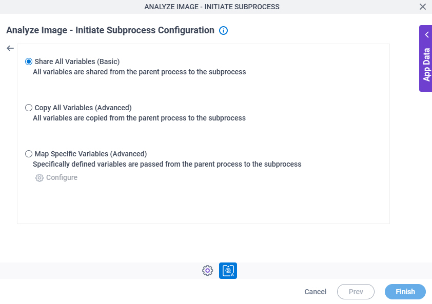 Analyze Image Initiate Subprocess Configuration Actions tab Mapping Variables screen