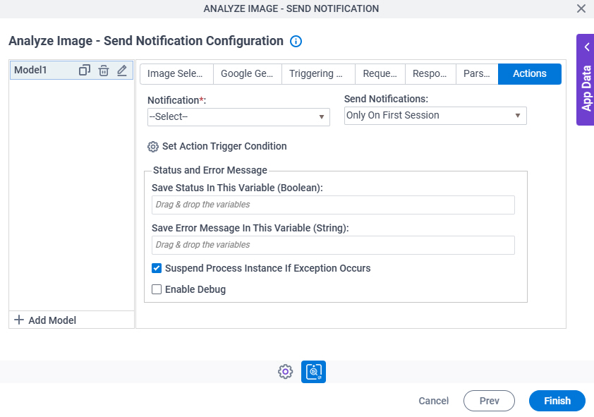 Analyze Image Send Notification Configuration Actions tab