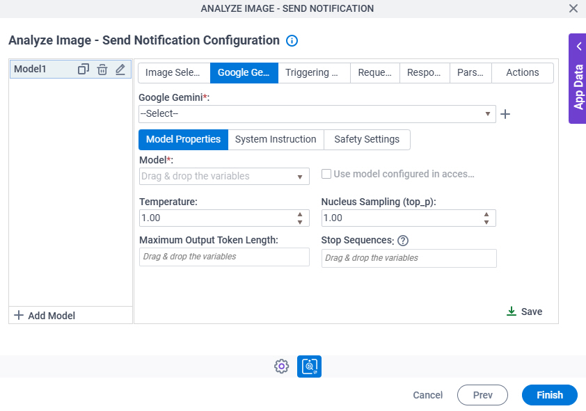 Analyze Image Send Notification Configuration > Google Gemini > Model Properties tab