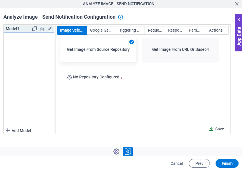 Analyze Image Send Notification Configuration Image Selection tab