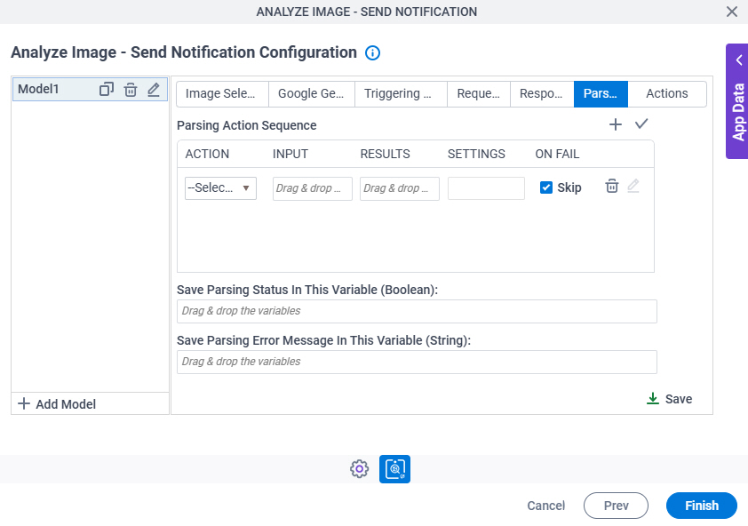 Analyze Image Send Notification Configuration Parsing tab