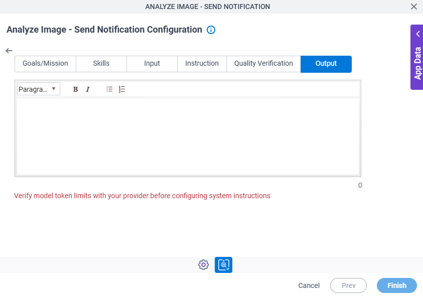 Analyze Image Send Notification Configuration System Instruction Output tab
