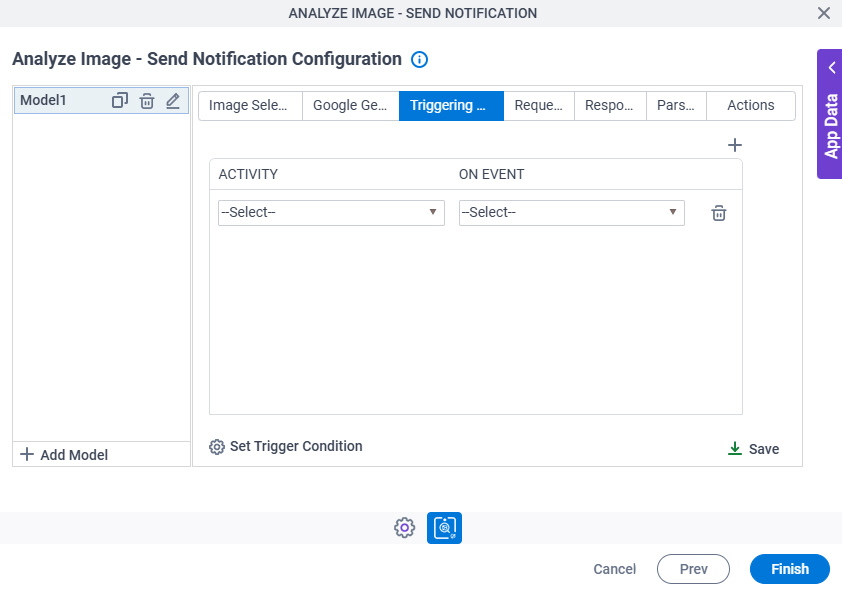 Analyze Image Send Notification Configuration Triggering Event tab