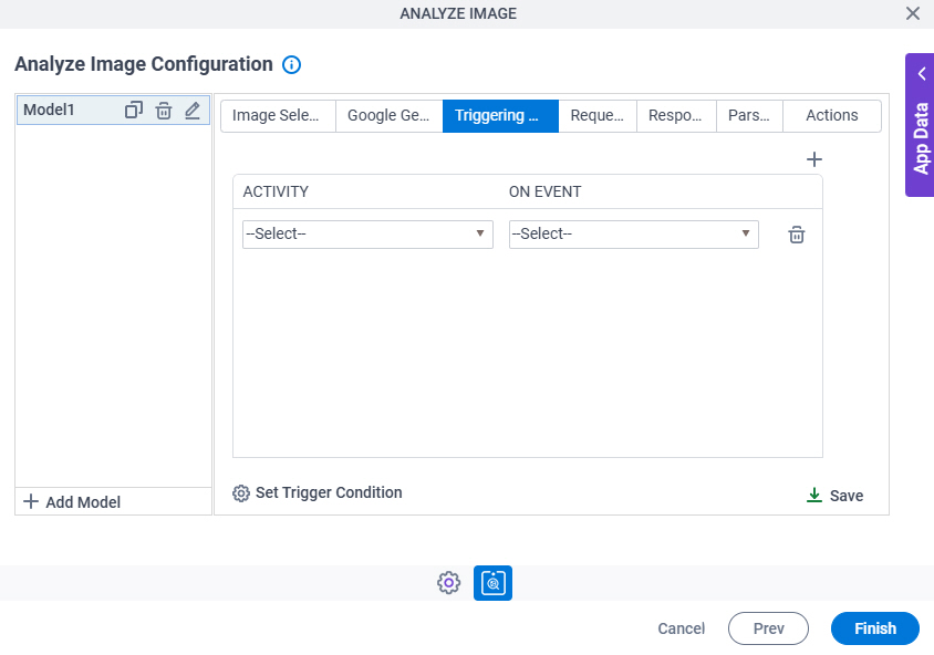 Analyze Image Configuration Triggering Event tab