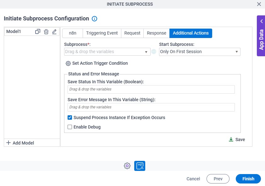 Initiate Subprocess Configuration Additional Actions tab