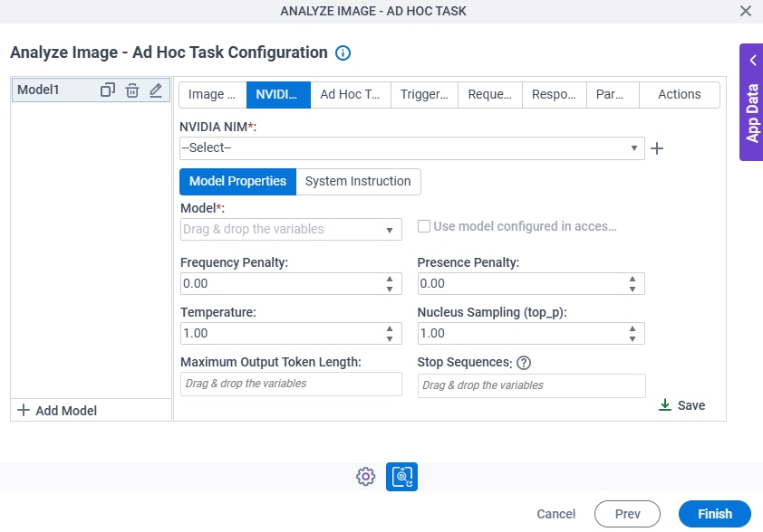 Analyze Image Ad Hoc Task Configuration Nvidia Nim Model Properties tab