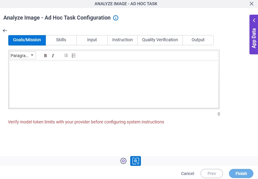 Analyze Image Ad Hoc Task Configuration System Instruction Goals Mission tab