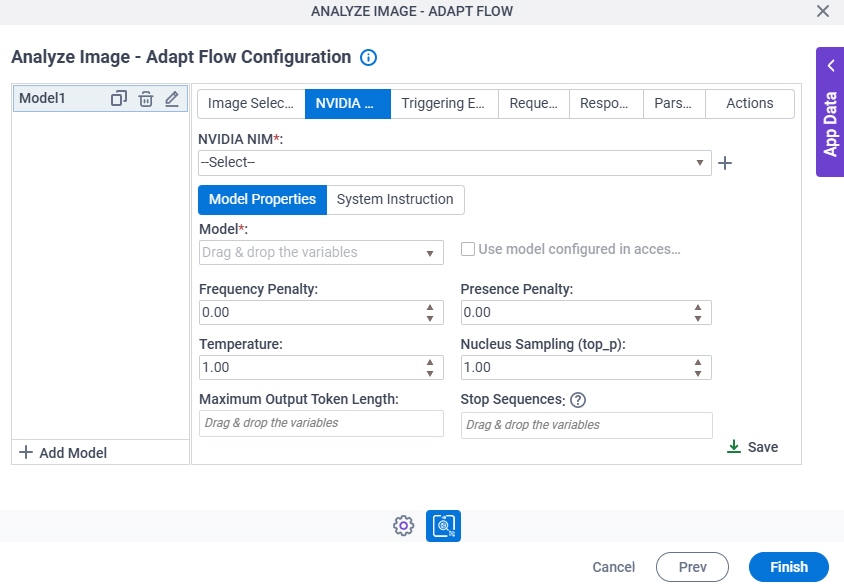 Analyze Image Adapt Flow Configuration Nvidia Nim Model Properties tab