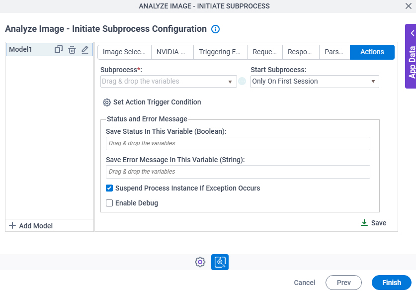 Analyze Image Initiate Subprocess Configuration Actions tab