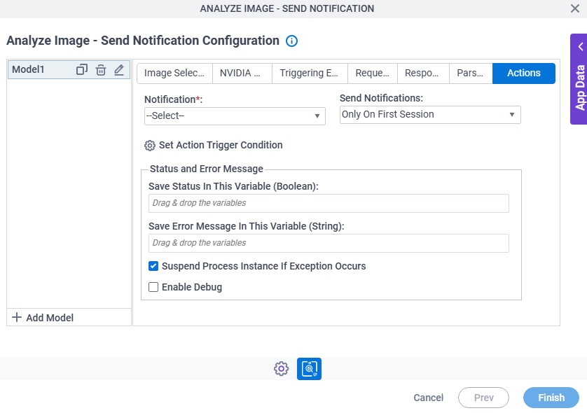 Analyze Image Send Notification Configuration Actions tab