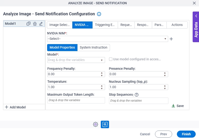 Analyze Image Send Notification Configuration NVIDIA NIM Model Properties tab