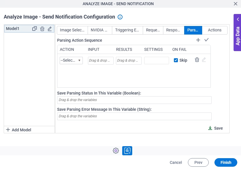 Analyze Image Send Notification Configuration Parsing tab