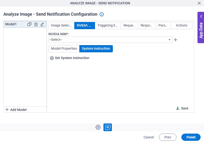 Analyze Image Send Notification Configuration NVIDIA NIM System Instruction tab
