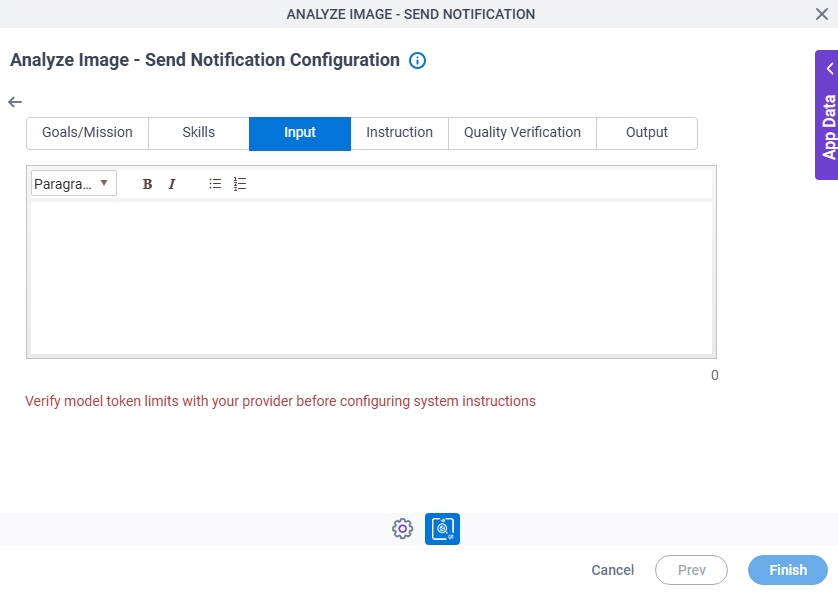 Analyze Image Send Notification Configuration System Instruction Input tab