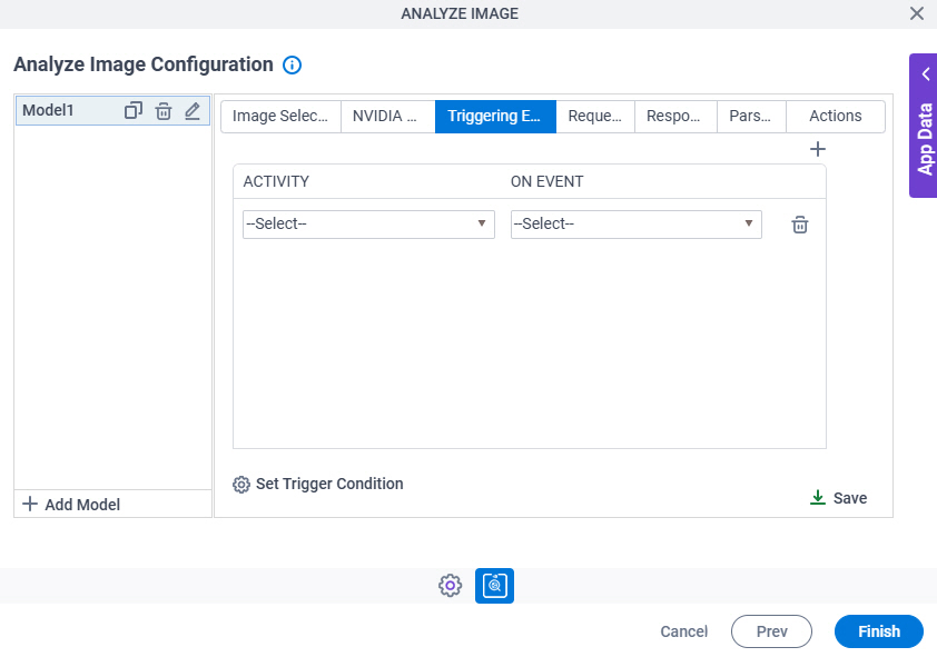 Analyze Image Configuration Triggering Event tab