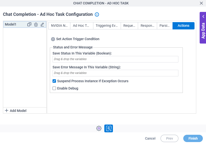 Chat Completion Ad Hoc Task Configuration Actions tab