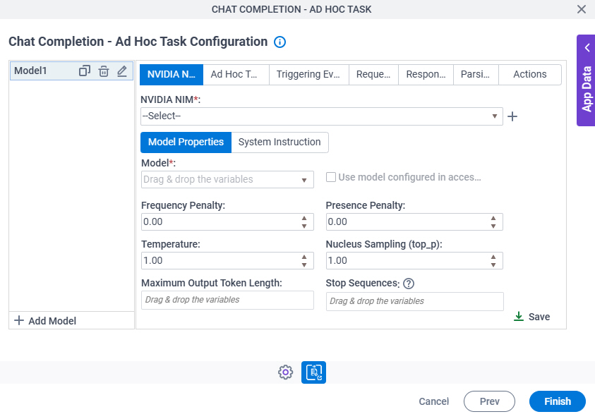 Chat Completion Ad Hoc Task Configuration NVIDIA NIM Model Properties tab
