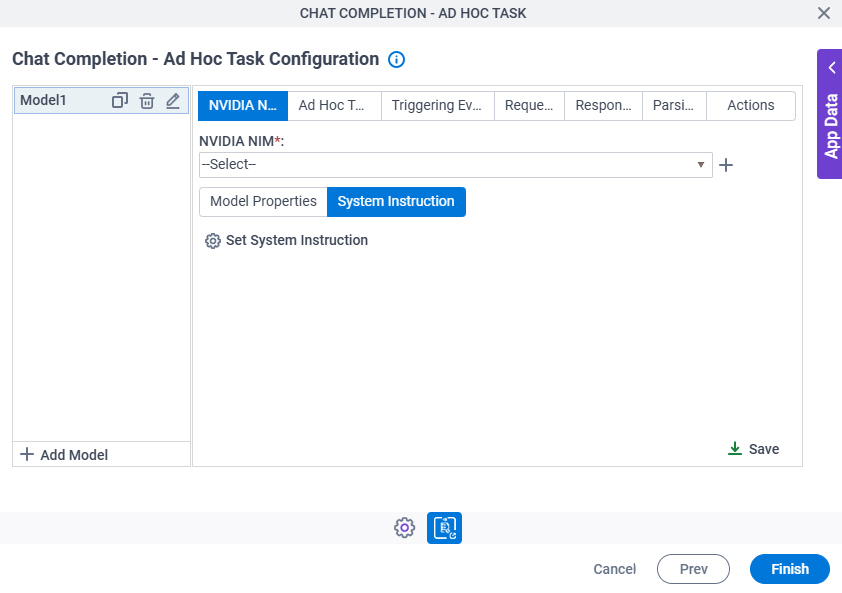 Chat Completion Ad Hoc Task Configuration NVIDIA NIM System Instruction tab
