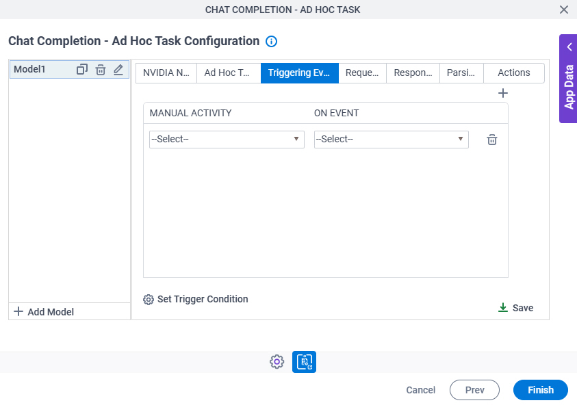 Chat Completion Ad Hoc Task Configuration Triggering Event tab