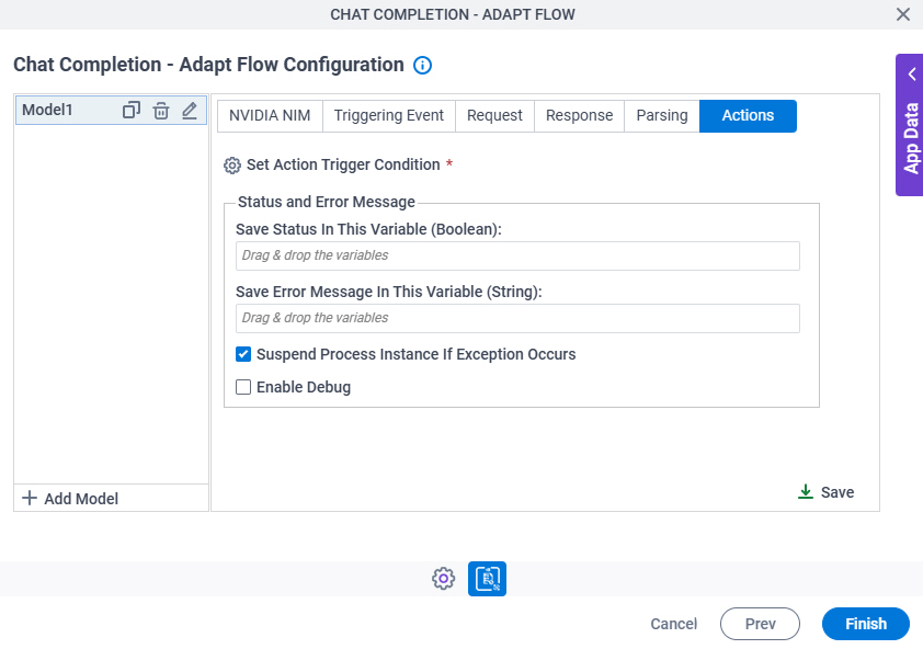 Chat Completion Adapt Flow Configuration Actions tab