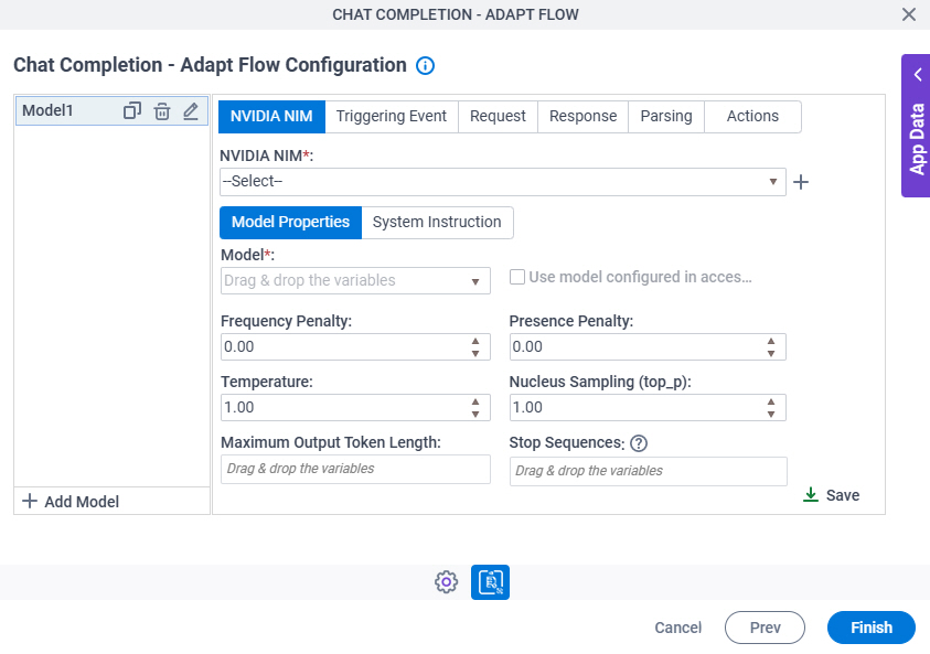 Chat Completion Adapt Flow Configuration NVIDIA NIM Model Properties tab