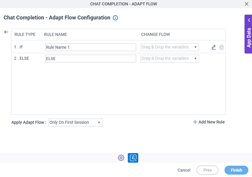 Chat Completion Adapt Flow Configuration Actions tab Set Action Trigger Condition screen
