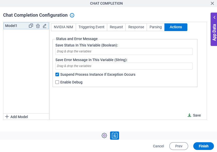 Chat Completion Configuration Actions tab