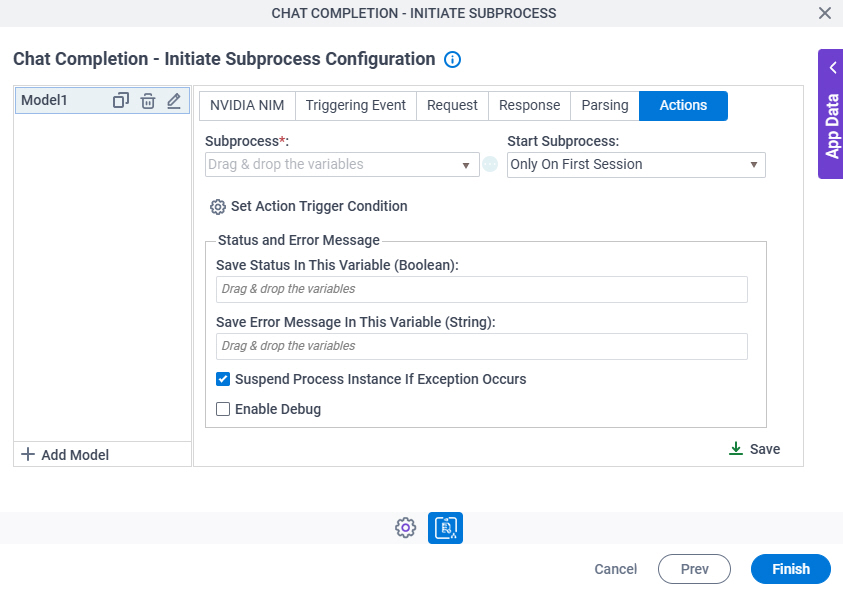 Chat Completion Initiate Subprocess Configuration Actions tab