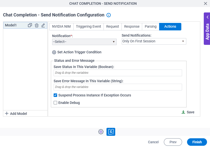 Chat Completion Send Notification Configuration Actions tab