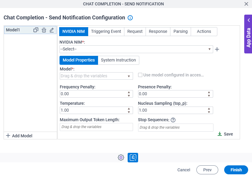 Chat Completion Send Notification Configuration NVIDIA NIM Model Properties tab