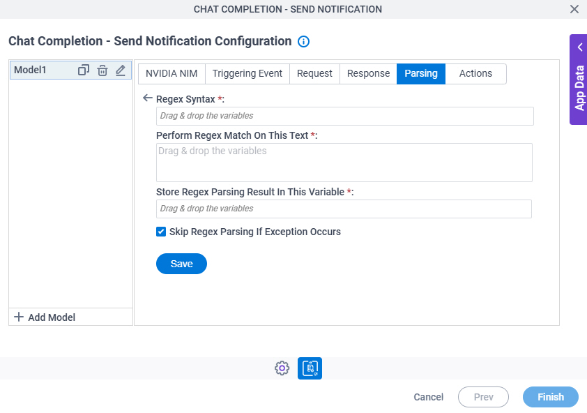 Chat Completion Send Notification Configuration Parsing Regex Parsing screen
