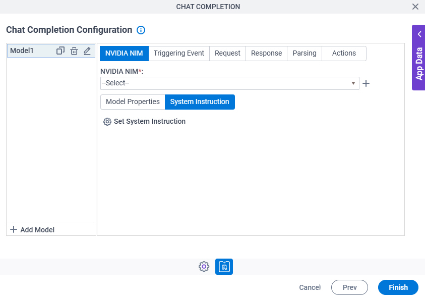 Chat Completion Configuration NVIDIA NIM System Instruction tab