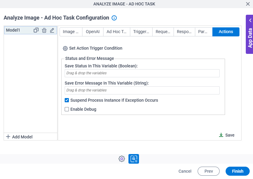 Analyze Image Ad Hoc Task Configuration Actions tab