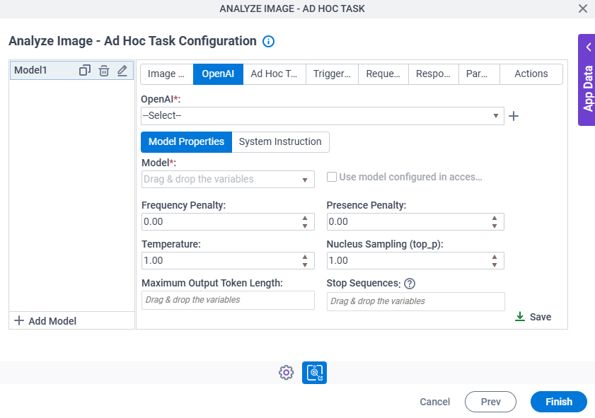 Analyze Image Ad Hoc Task Configuration OpenAI Model Properties tab
