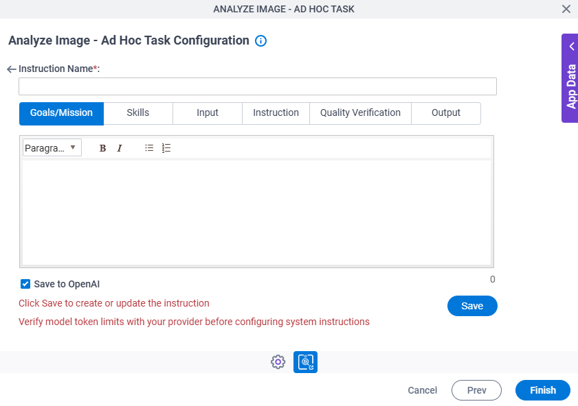 Analyze Image Ad Hoc Task Configuration System Instruction Goals Mission tab