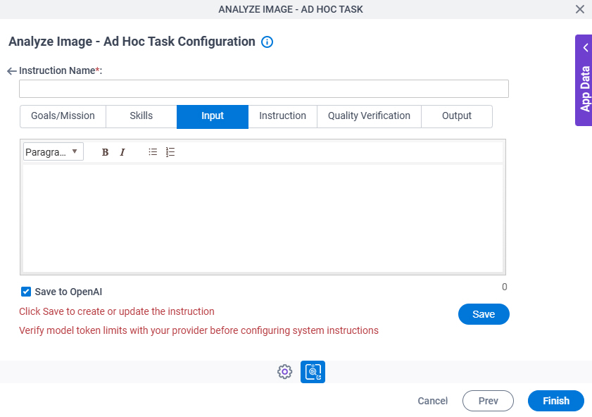 Analyze Image Ad Hoc Task Configuration System Instruction Input tab