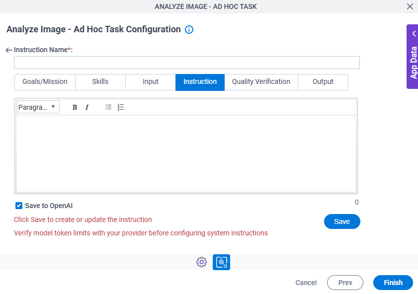 Analyze Image Ad Hoc Task Configuration System Instruction Instruction tab