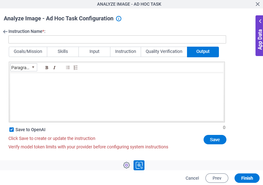 Analyze Image Ad Hoc Task Configuration System Instruction Output tab