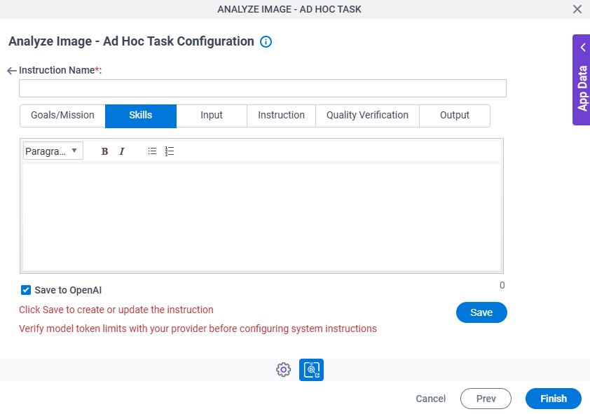 Analyze Image Ad Hoc Task Configuration System Instruction Skills tab