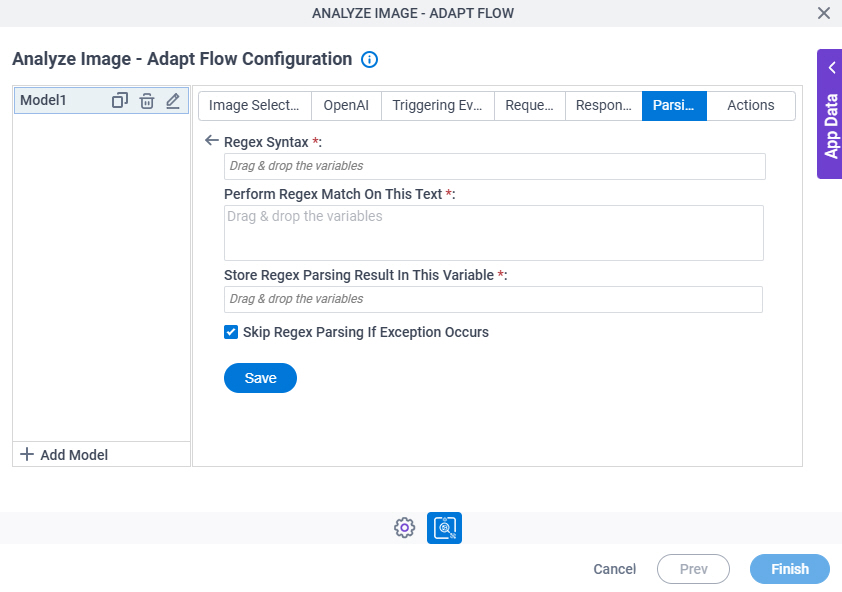 Analyze Image Adapt Flow Configuration Parsing Regex Parsing screen