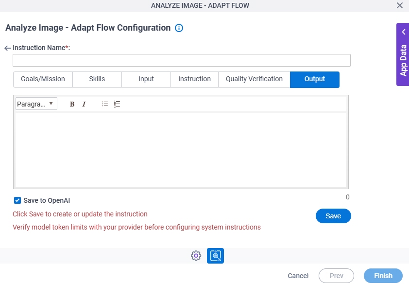 Analyze Image Adapt Flow Configuration System Instruction Output tab