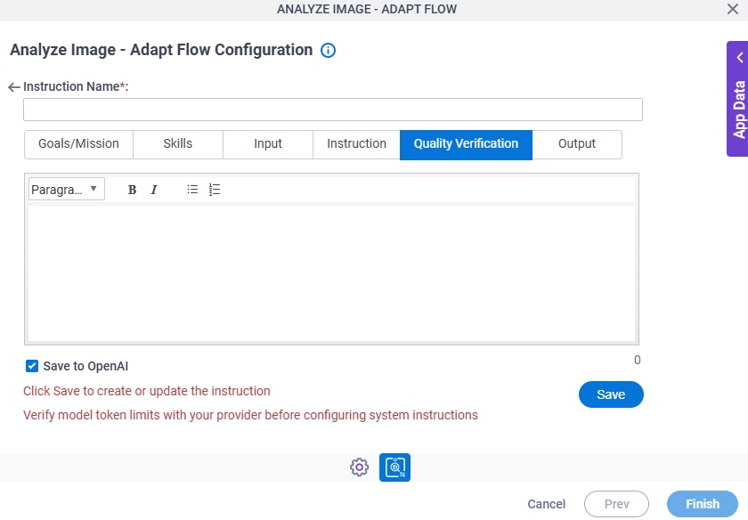Analyze Image Adapt Flow Configuration System Instruction Quality Verification tab