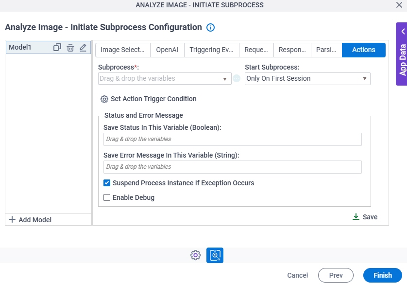 Analyze Image Initiate Subprocess Configuration Actions tab