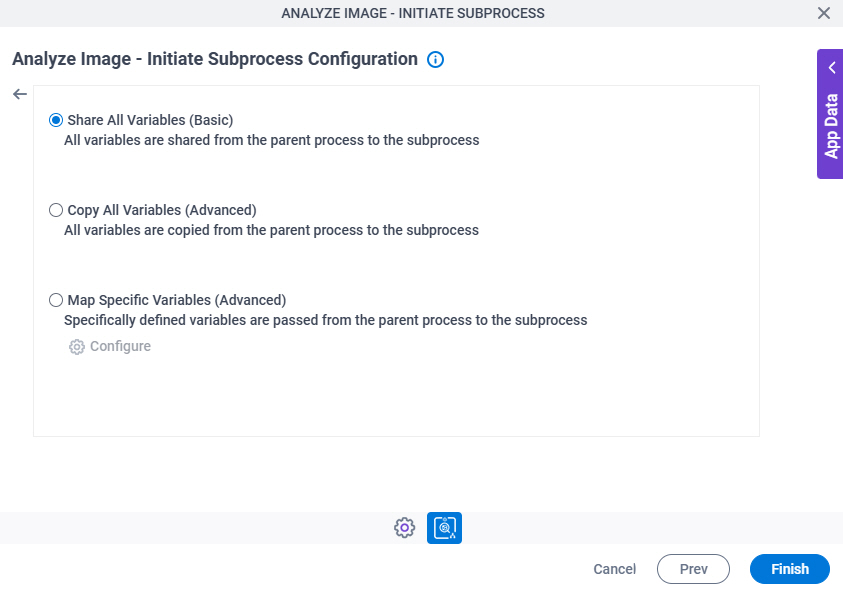 Analyze Image Initiate Subprocess Configuration Additional Actions tab Mapping Variables screen