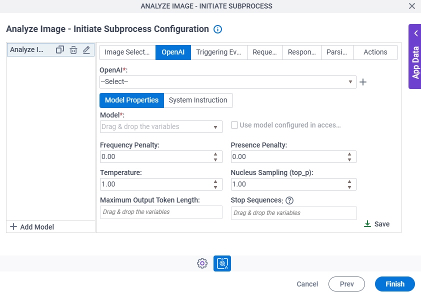 Analyze Image Initiate Subprocess Configuration OpenAI Model Properties tab
