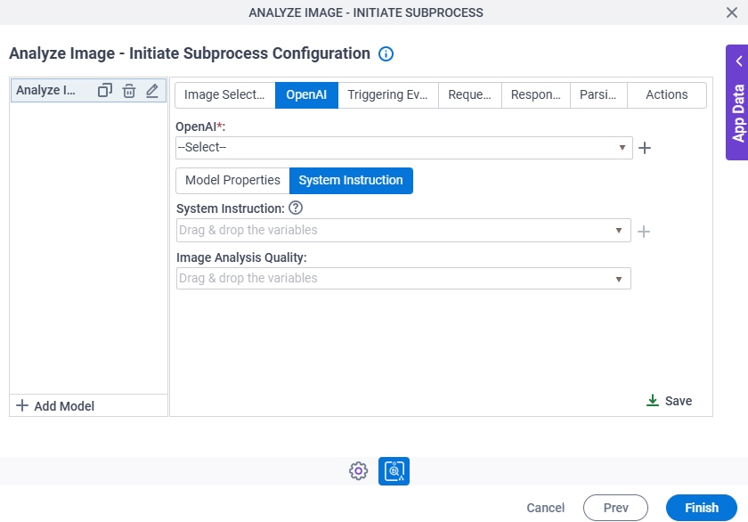 Analyze Image Initiate Subprocess Configuration System Instruction tab