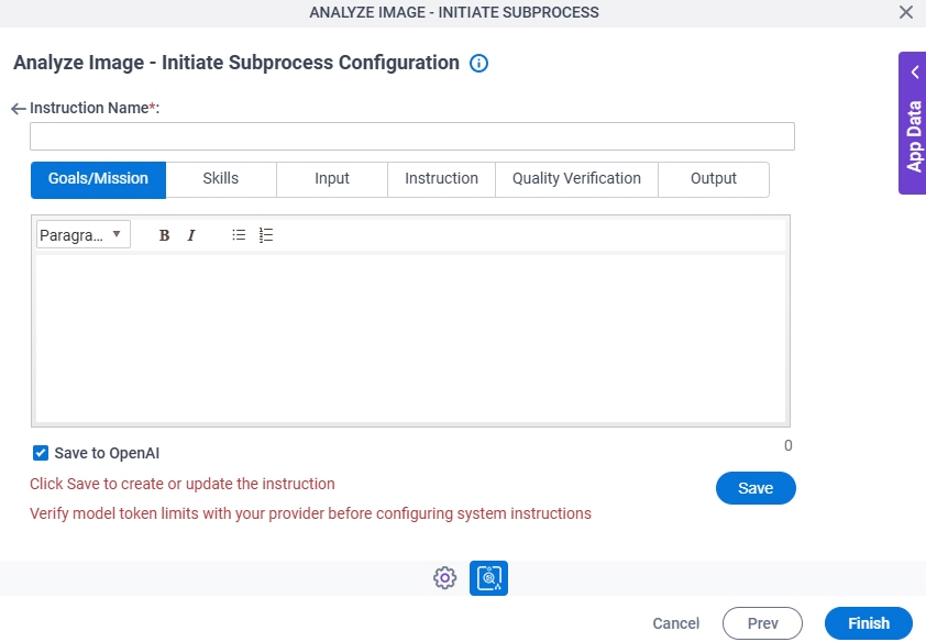 Analyze Image Initiate Subprocess Configuration System Instruction Goals Mission tab