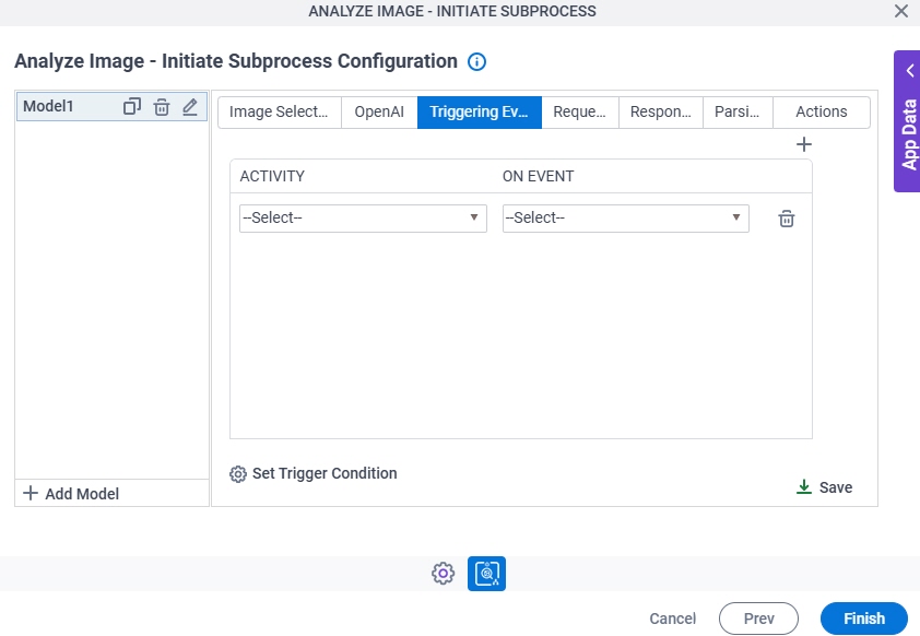 Analyze Image Initiate Subprocess Configuration Triggering Event tab