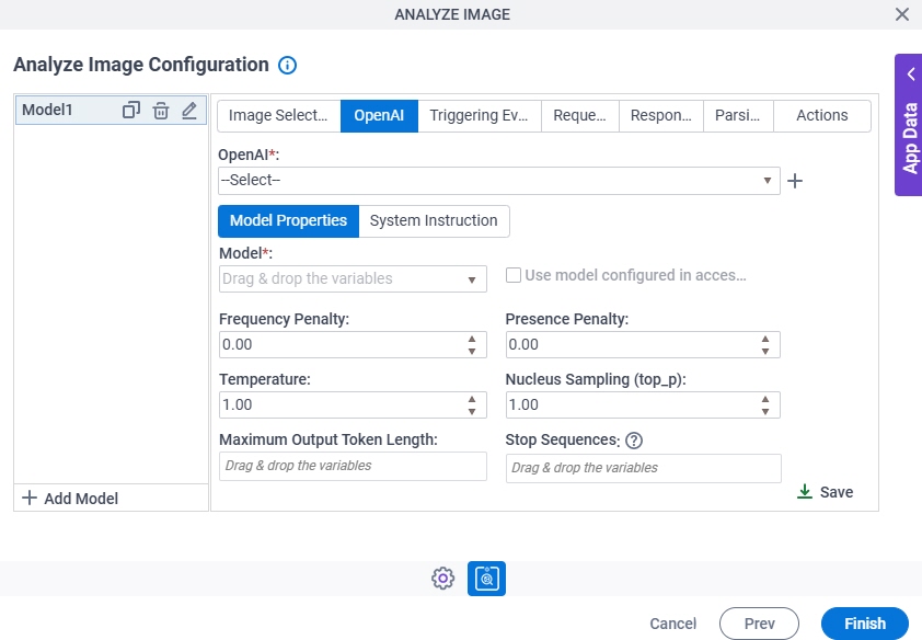 Analyze Image Configuration OpenAI Model Properties tab