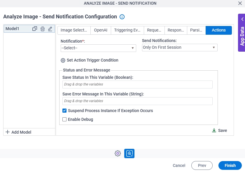 Analyze Image Send Notification Configuration Actions tab